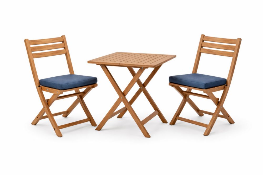 Acacia Wood Outdoor Folding Bistro Set with Blue Cushions