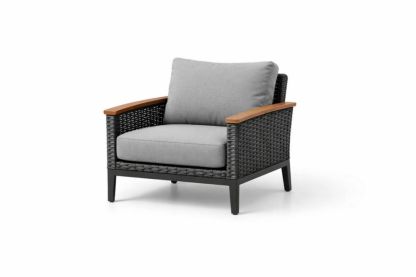 Outdoor Armchair Wicker Gray Cushions Teak Armrests Length 85 cm