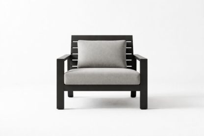 Outdoor Lounge Chair with Grey Polyester Upholstery and Black Aluminum Frame