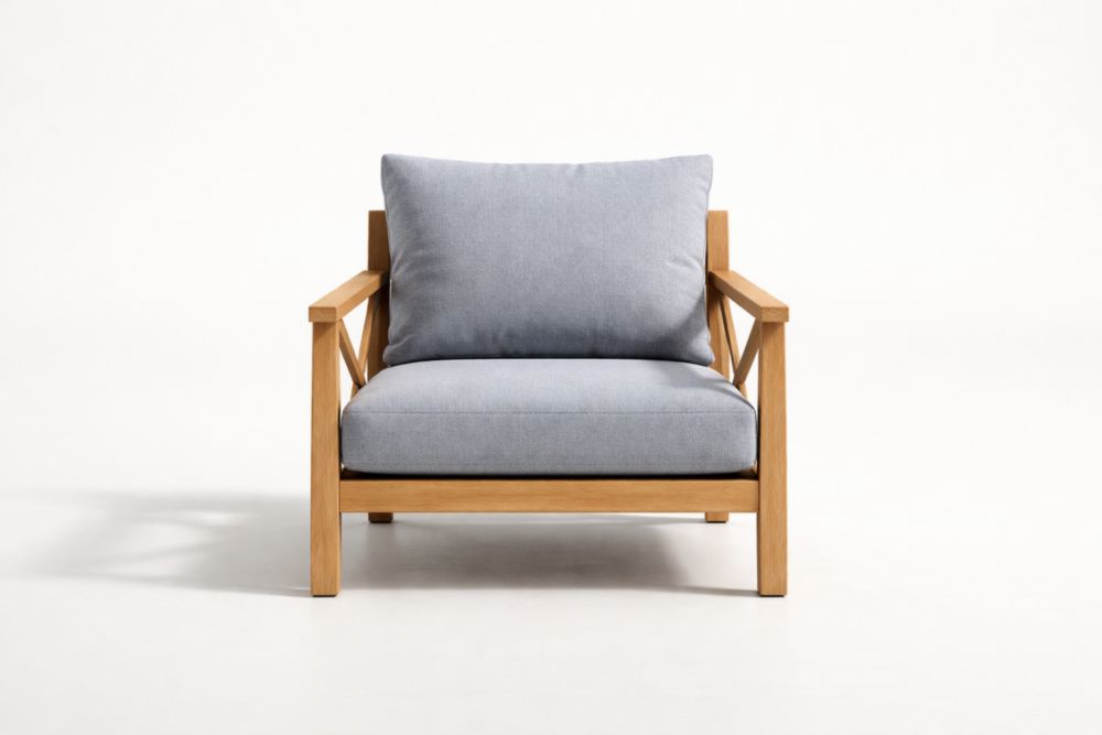 Outdoor Teak Armchair with Gray Cushions