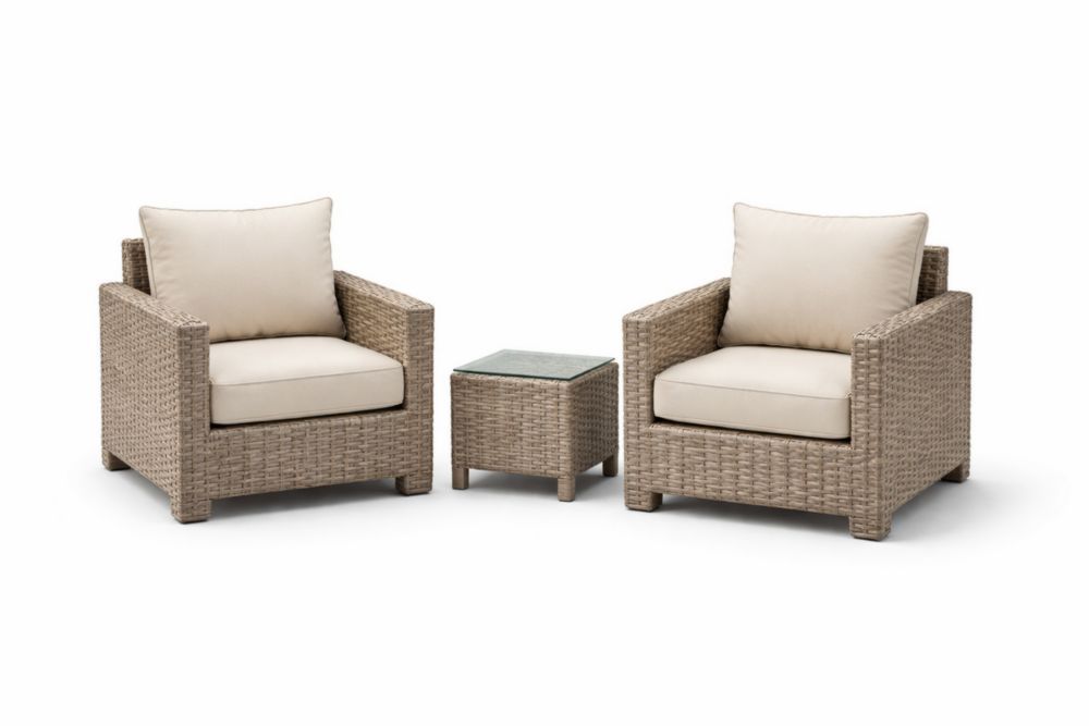 Rattan Wicker Armchair and Tempered Glass Table Set with Beige Cushions