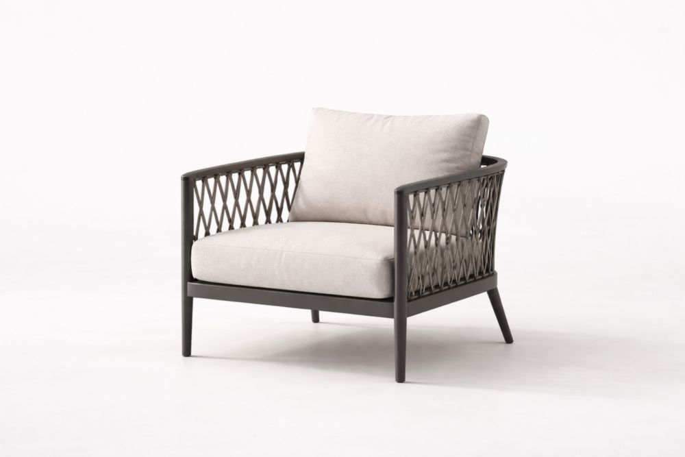 Outdoor Woven Chair with Aluminum Frame and Beige Cushions