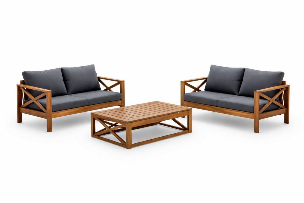 Wooden Patio Furniture Set with Cushions in Brown and Dark Gray