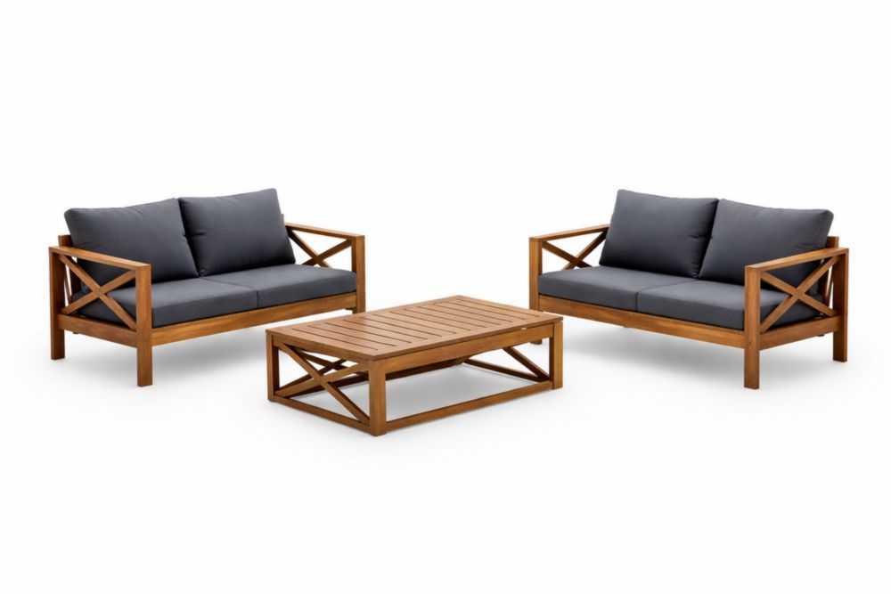 Wooden Patio Furniture Set with Cushions in Brown and Dark Gray