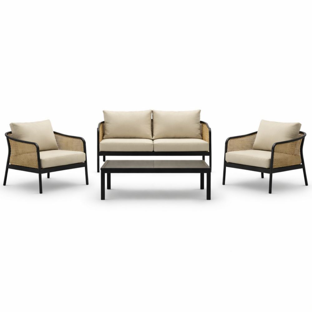 Beige Wicker Sofa and Chairs Set with Cushions and Steel Frame-Verdaliona