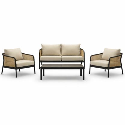 Beige Wicker Sofa and Chairs Set with Cushions and Steel Frame-Verdaliona