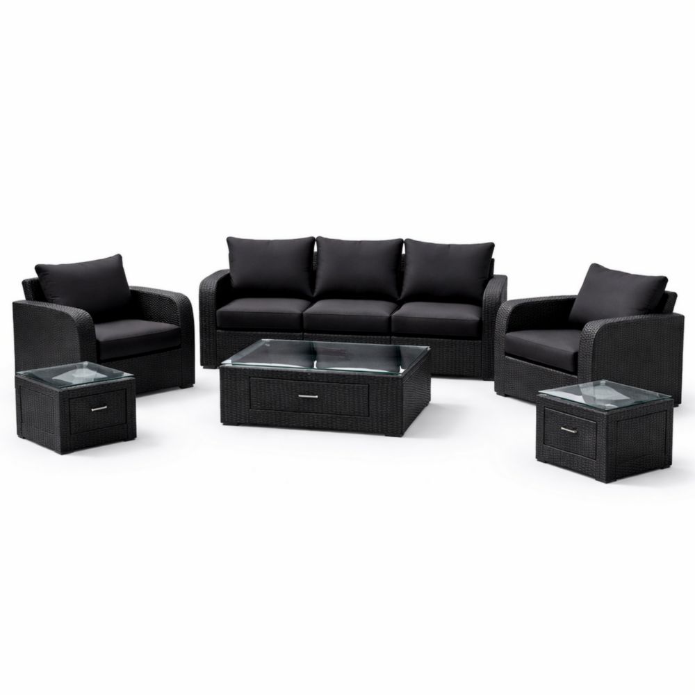 Black Outdoor PE Rattan Sofa Set with Tempered Glass Tables-Verdaliona