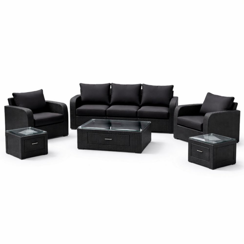 Black Outdoor PE Rattan Sofa Set with Tempered Glass Tables-Verdaliona