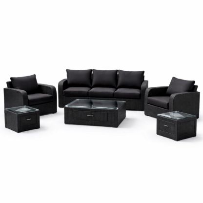 Black Outdoor PE Rattan Sofa Set with Tempered Glass Tables-Verdaliona