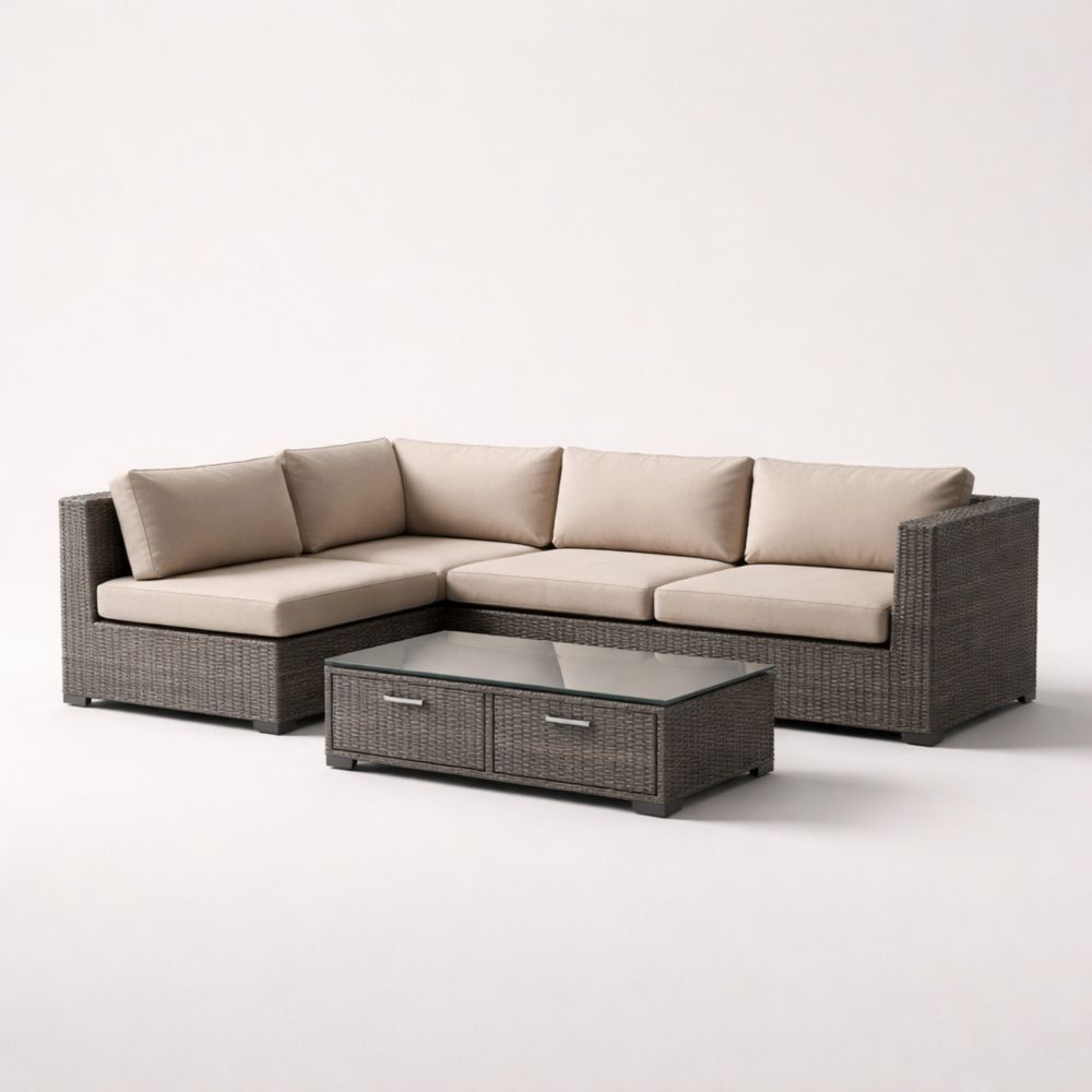 PE Rattan Outdoor Sectional Sofa Set with Beige Polyester Cushions and Glass Coffee Table-Verdaliona