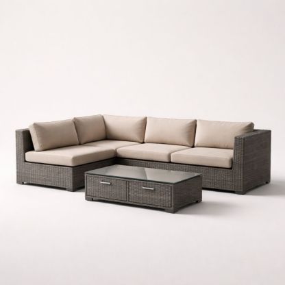 PE Rattan Outdoor Sectional Sofa Set with Beige Polyester Cushions and Glass Coffee Table-Verdaliona
