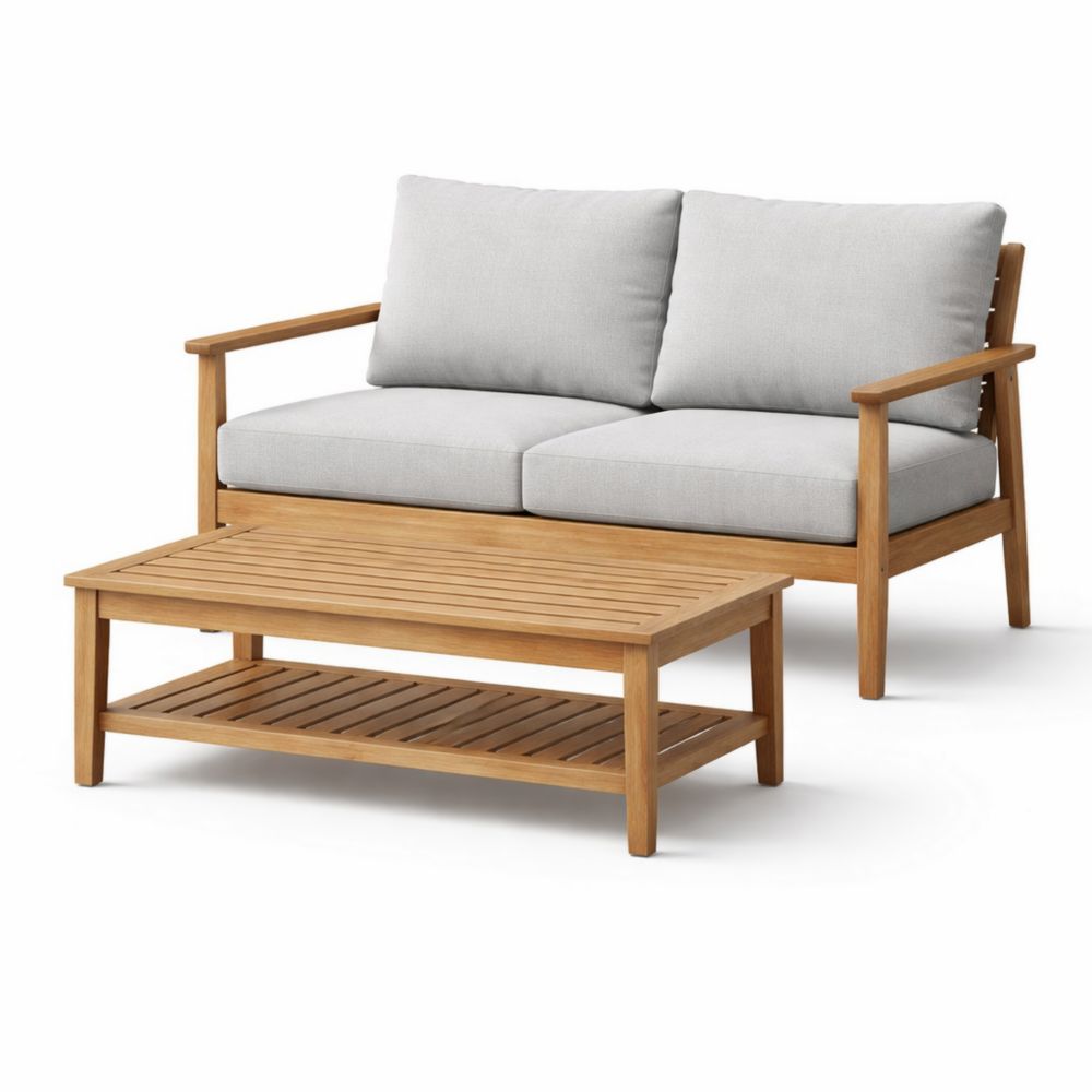 Teak Wood Sofa Set with Gray Cushions-Verdaliona