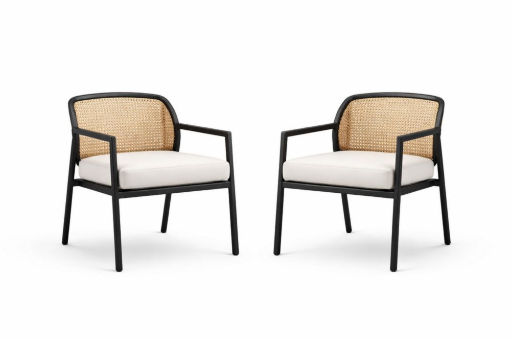 Set of 2 Black Metal Lounge Chairs with Rattan Backrest and White Cushions-Verdaliona