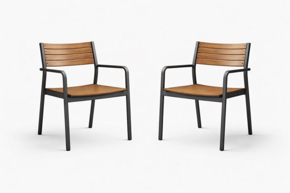 Outdoor Patio Chair Set with Armrest Metal Frame Brown Polywood Slats 56cm L x 55cm W x 85cm H-Verdaliona