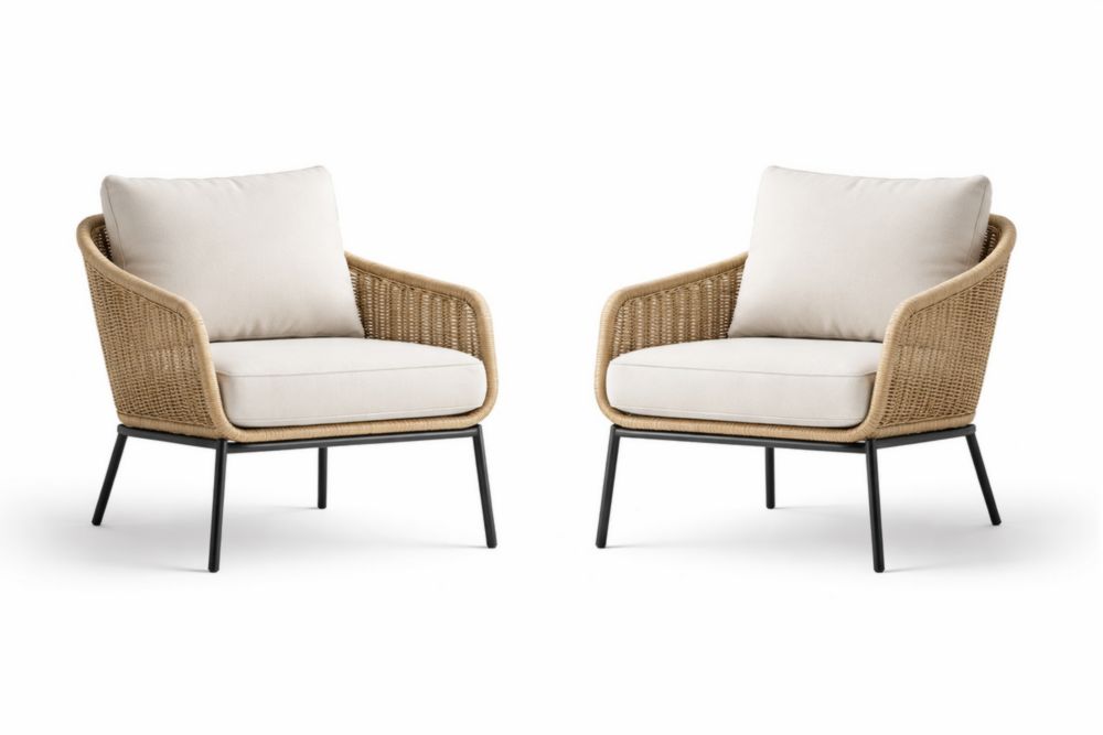 Wicker Patio Chairs Set with Beige Cushions and Black Metal Frame-Verdaliona