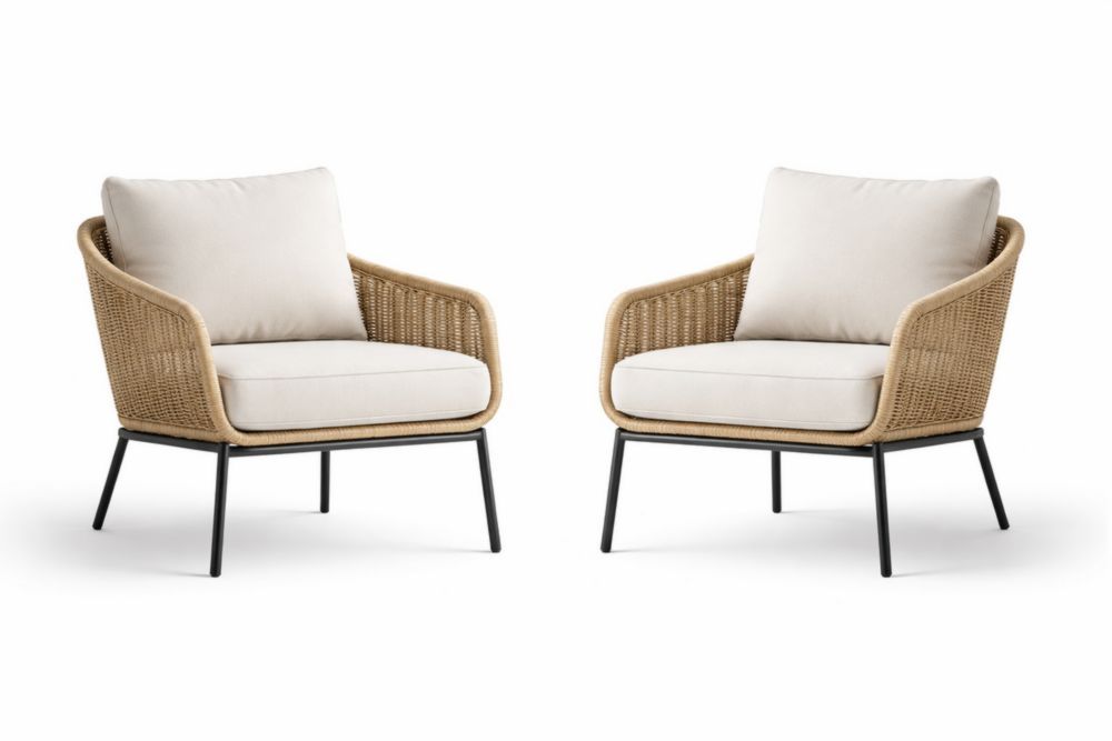 Wicker Patio Chairs Set with Beige Cushions and Black Metal Frame-Verdaliona