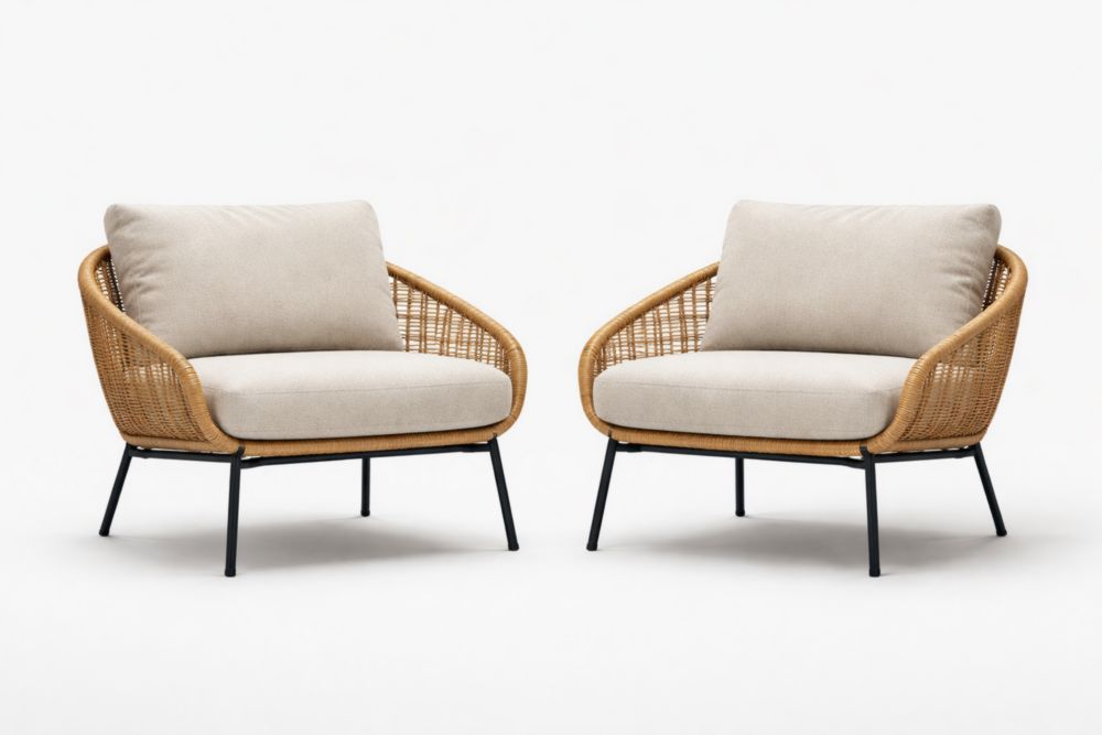 Outdoor Wicker Lounge Chair Set with Beige Cushions and Steel Legs-Verdaliona