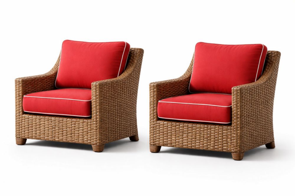 Wicker Armchair Set with Red Polyester Cushions-Verdaliona