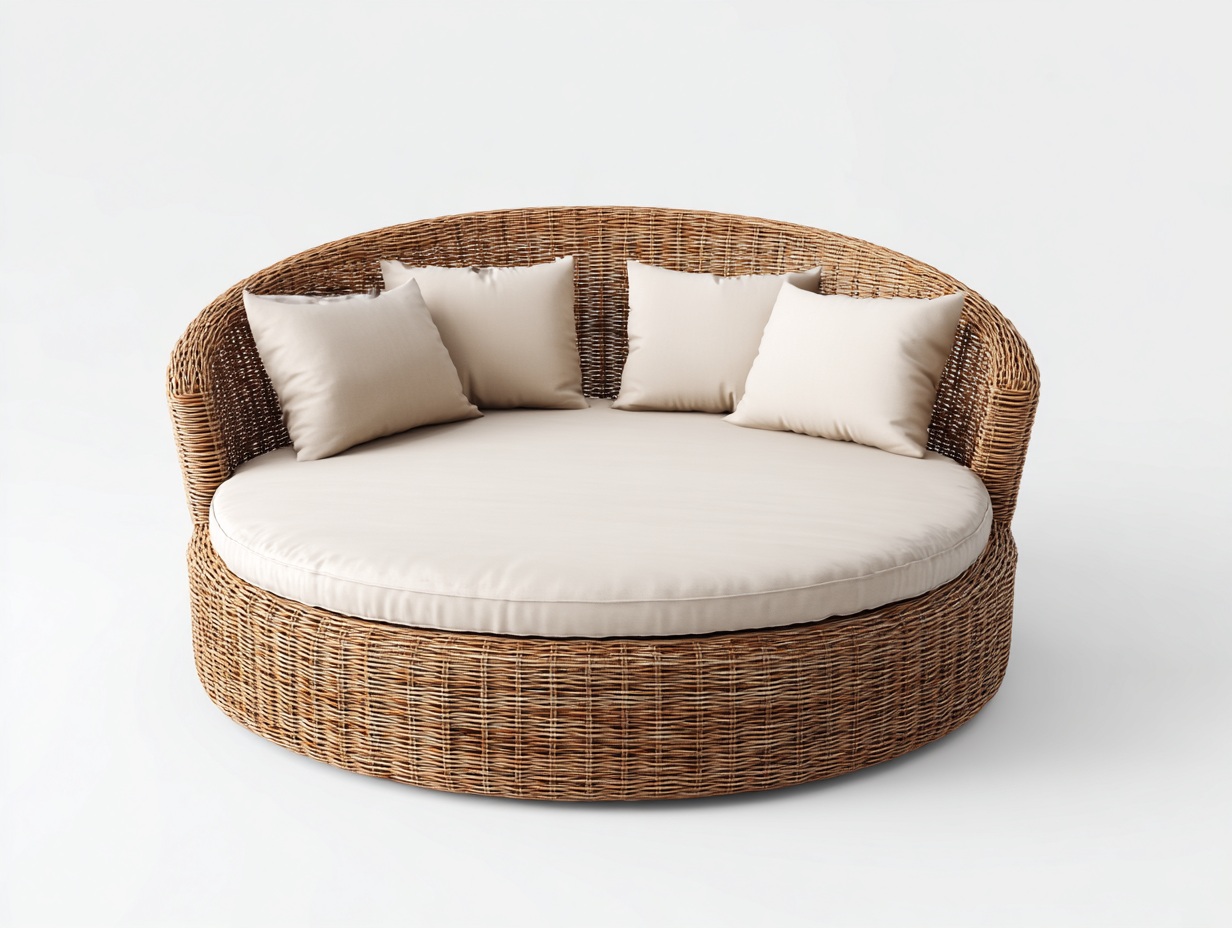 Rattan Sun Loungers round rattan sun lounger 160x160x75 cm - brown-white - outdoor garden design-Oakgoio