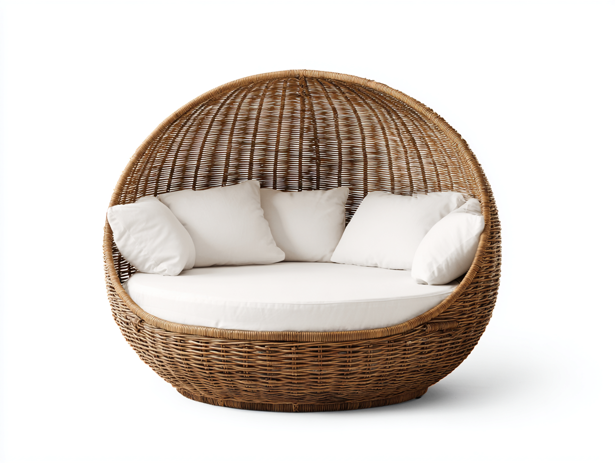 Rattan Sun Loungers round woven outdoor daybed 160x160x145 cm - brown-white - relaxing garden lounge design-Oakgoio