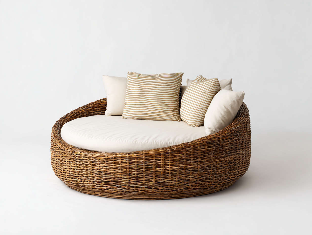 Rattan Sun Loungers round rattan sun lounger 140x140x70 cm brown white for garden - modern design-Oakgoio