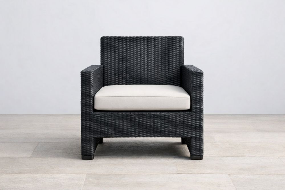 Outdoor Wicker Armchair Black with Beige Cushion 85cm x 75cm x 70cm(H × W × D)