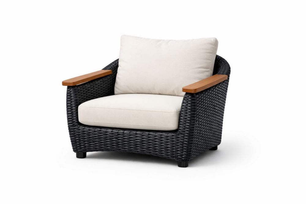 Outdoor Armchair Black Wicker with Teak Armrests and Beige Cushions