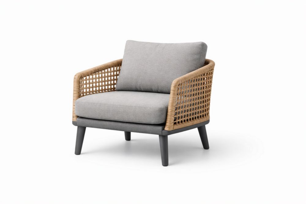 Outdoor Lounge Chair with Grey Cushions and Rattan Woven Sides