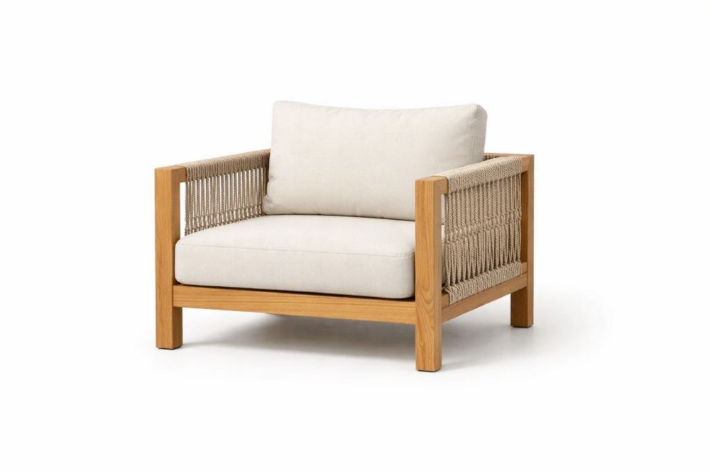 Outdoor Teak Frame Rope Armchair with Beige Cushions
