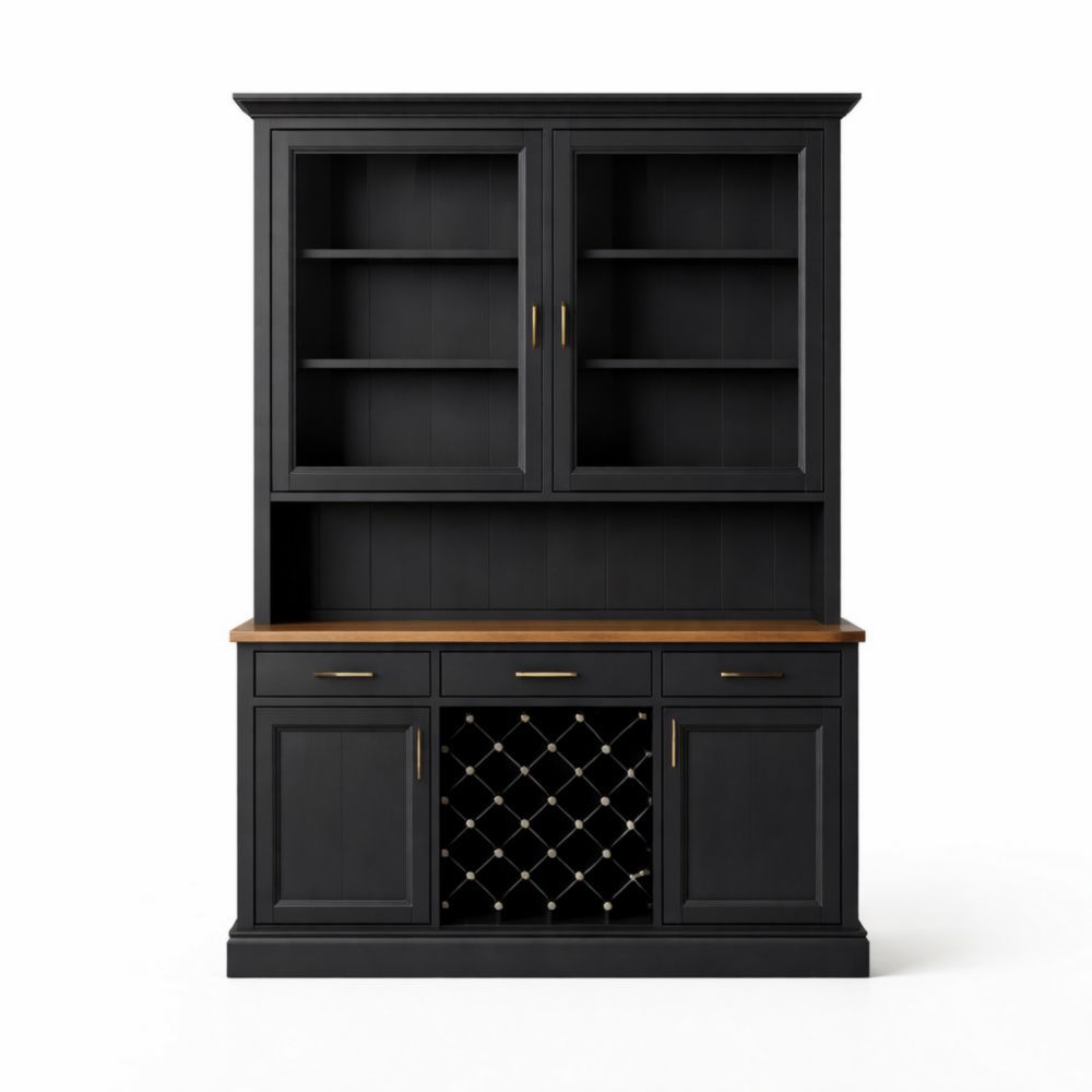 Black wooden cabinet with shelves and wine rack, 200 × 150 × 50 cm