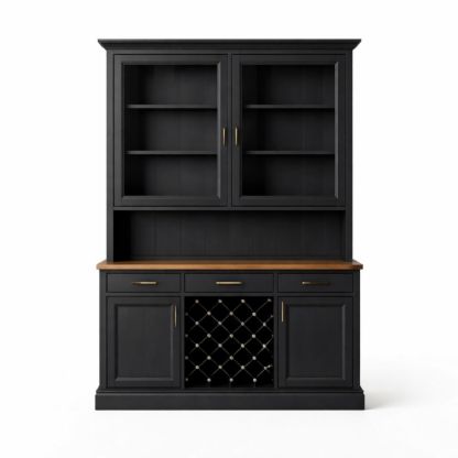 Black wooden cabinet with shelves and wine rack, 200 × 150 × 50 cm
