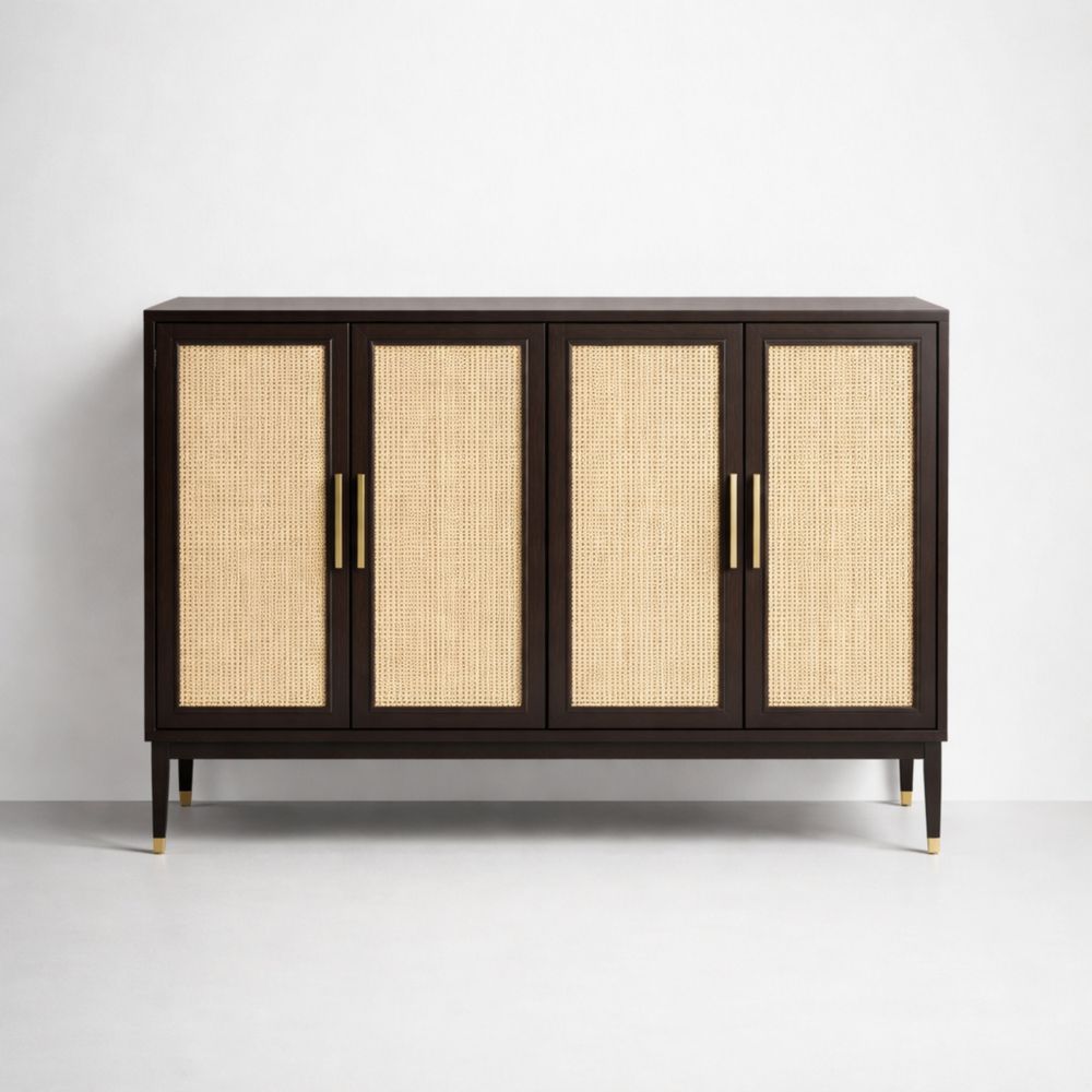 Dark Wood and Cane 4-Door Sideboard
