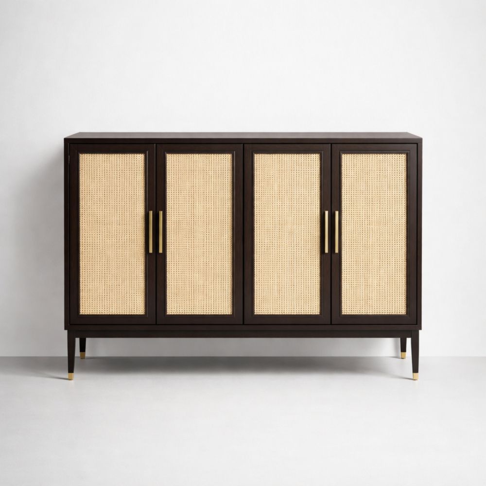 Dark Wood and Cane 4-Door Sideboard