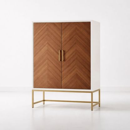 Wood Veneer Metal Base 2-Door Cabinet White Brown