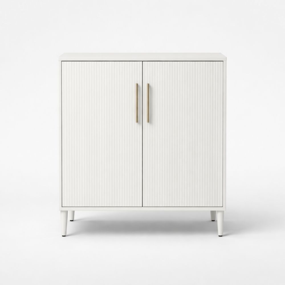White engineered board storage cabinet with metal handles