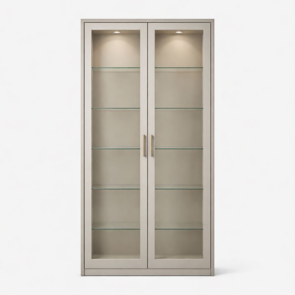 Beige Tall Double Door Glass Display Cabinet with 5 Shelves