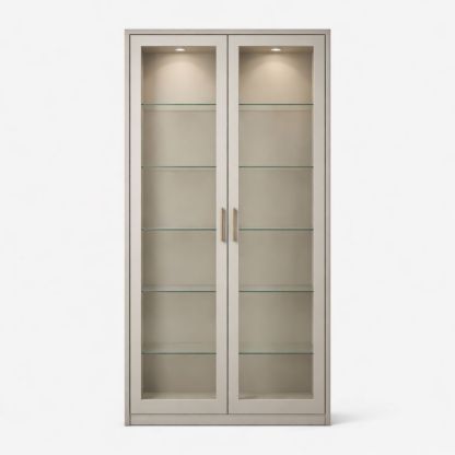 Beige Tall Double Door Glass Display Cabinet with 5 Shelves