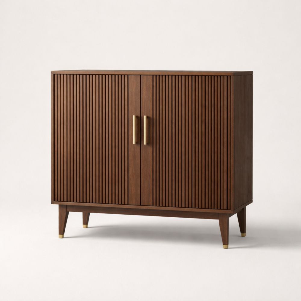 Wooden Storage Cabinet with Slatted Doors and Brass Handles 90x40x110cm