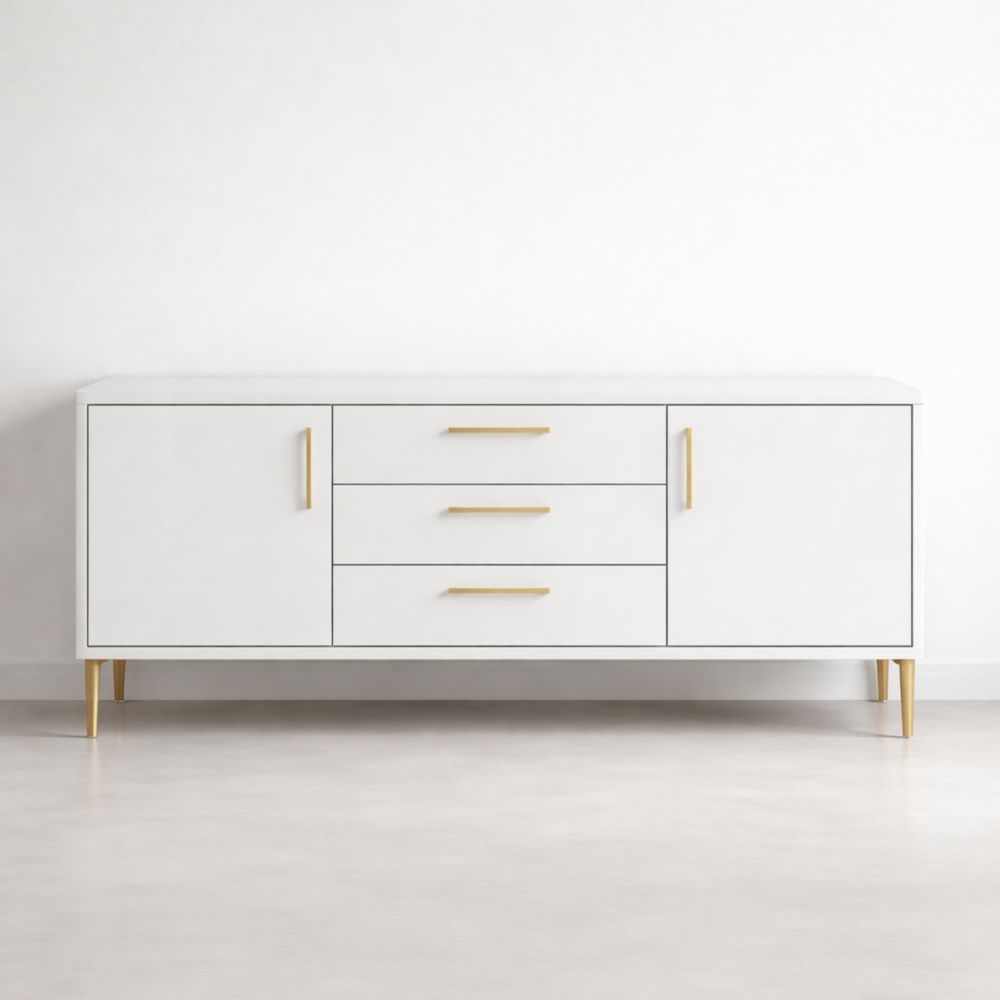 White MDF Sideboard Cabinet with Gold Handles and Legs 180cm