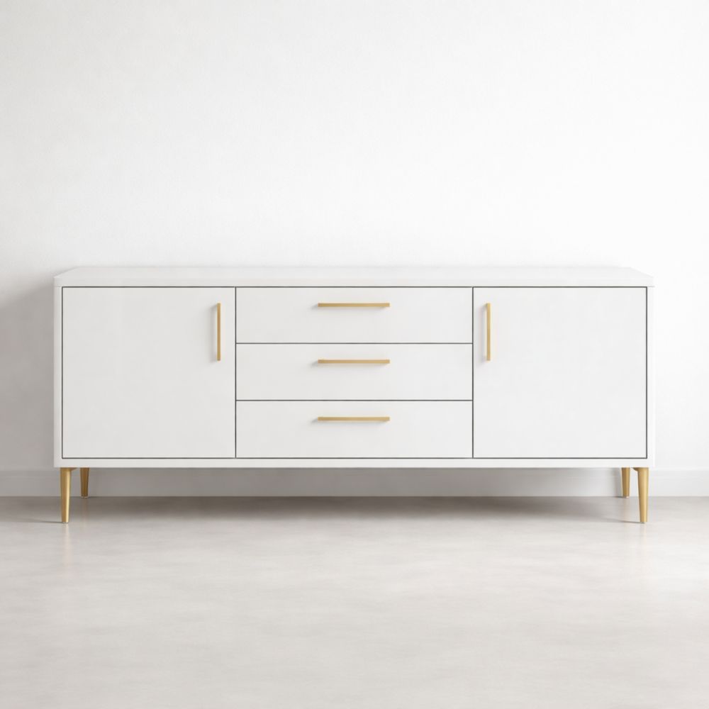 White MDF Sideboard Cabinet with Gold Handles and Legs 180cm