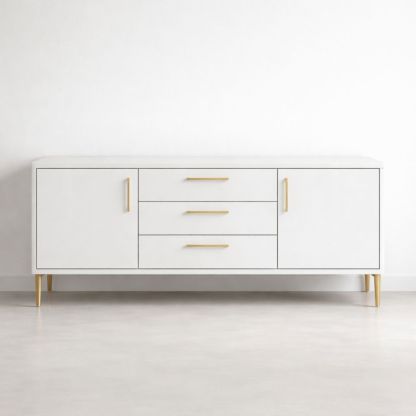 White MDF Sideboard Cabinet with Gold Handles and Legs 180cm