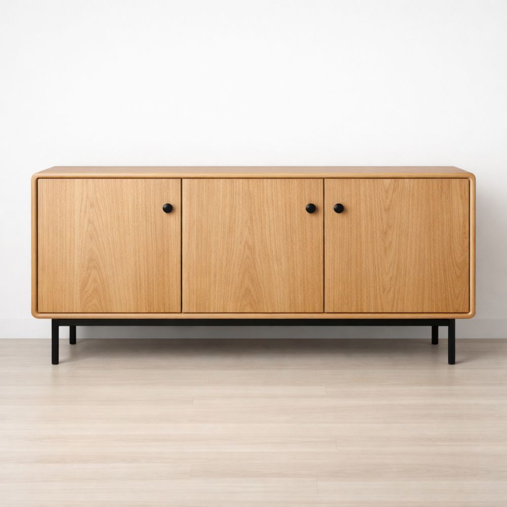 Wooden Sideboard Natural Oak Three-Door Black Metal Legs 150cm