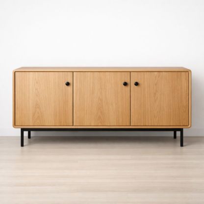 Wooden Sideboard Natural Oak Three-Door Black Metal Legs 150cm