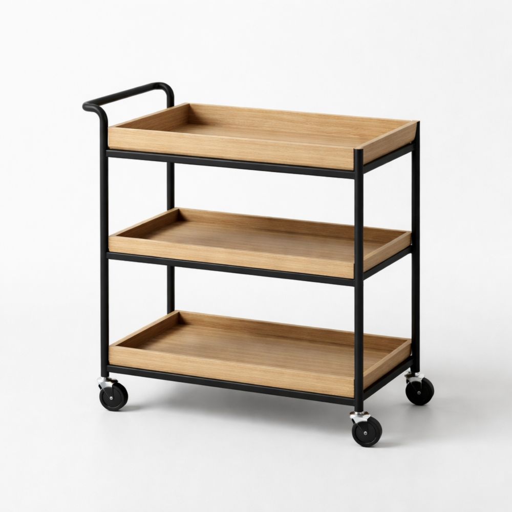 3-Tier Rolling Cart with Wood Shelves and Metal Frame 75cm Height