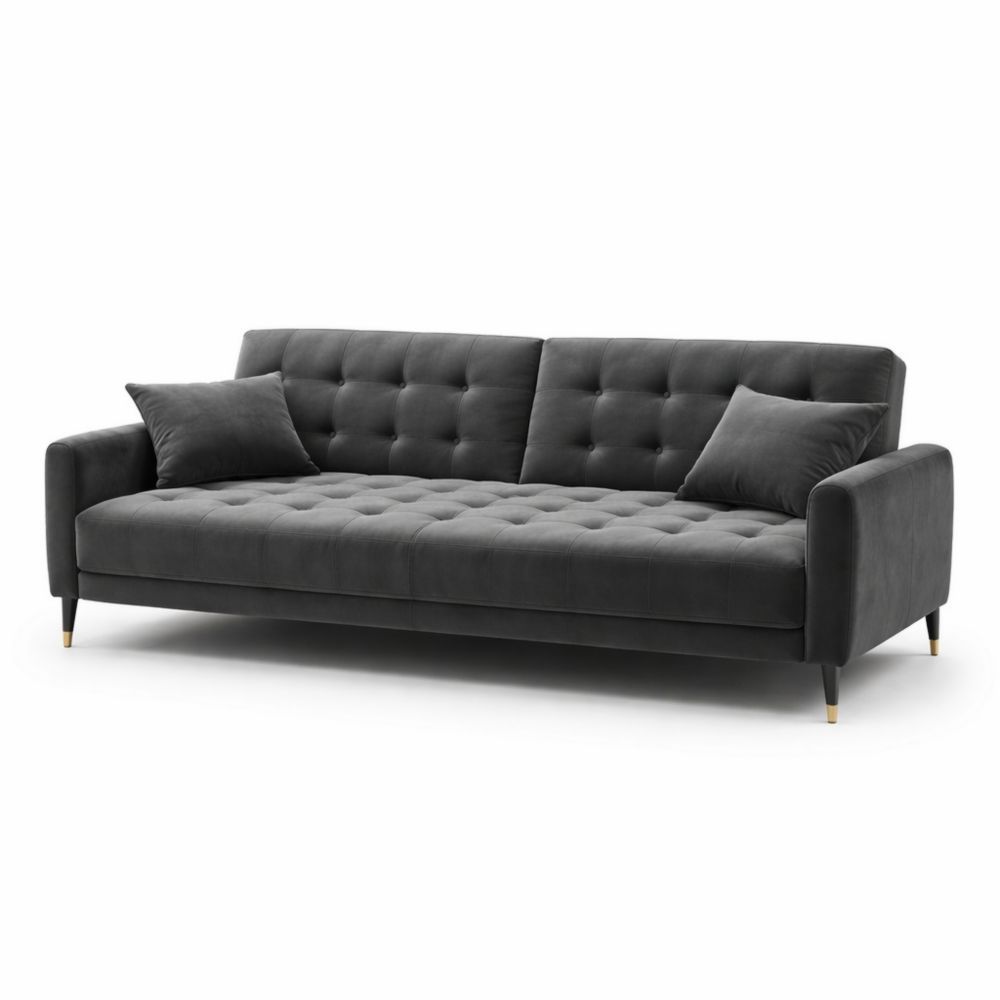 Dark Gray Velvet Sofa with Tufted Design and Wooden Legs