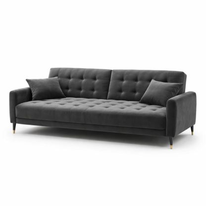Dark Gray Velvet Sofa with Tufted Design and Wooden Legs