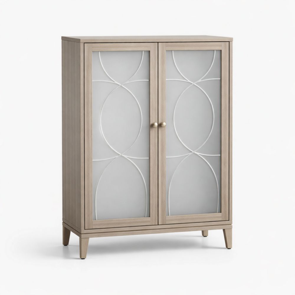 Beige wooden storage cabinet with frosted glass doors, 120 cm high