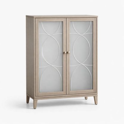 Beige wooden storage cabinet with frosted glass doors, 120 cm high