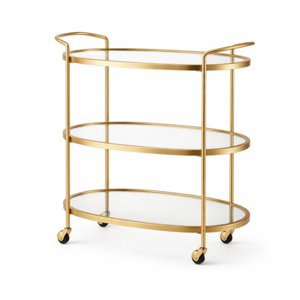 Oval Gold Metal and Tempered Glass 3-Tier Bar Cart with Wheels