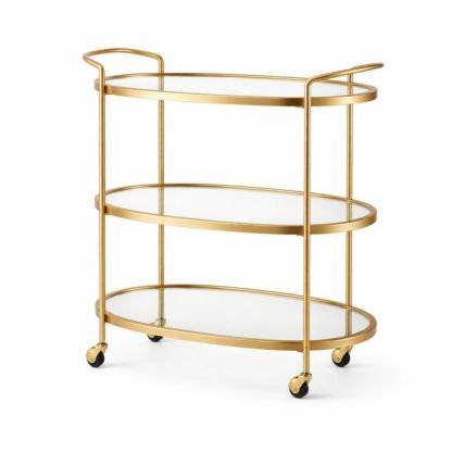 Oval Gold Metal and Tempered Glass 3-Tier Bar Cart with Wheels